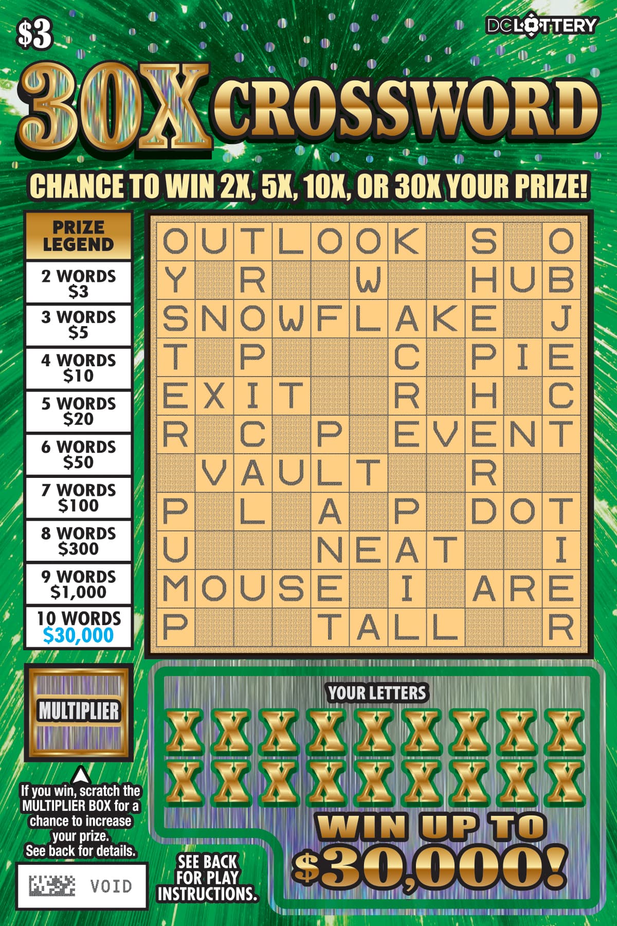 30X Crossword District of Columbia Lottery scratch-off ticket art