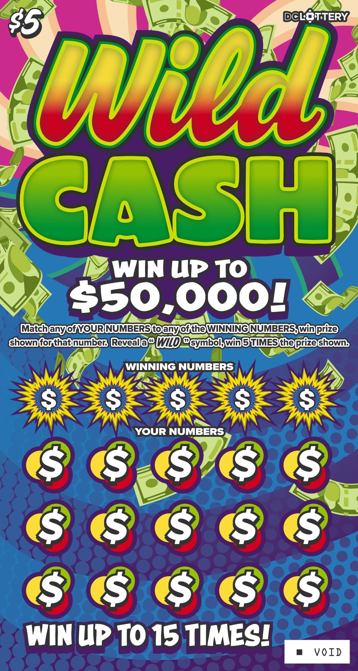 Wild Cash District of Columbia Lottery scratch-off ticket art