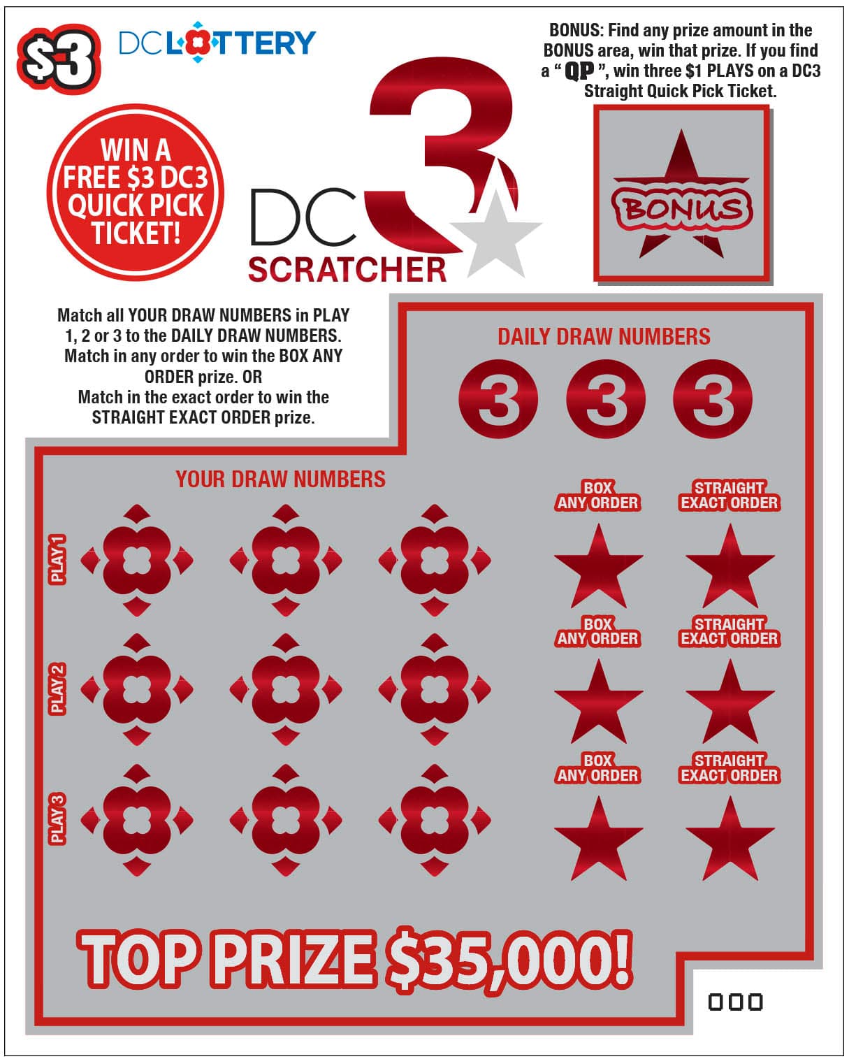 DC 3 Scratcher District of Columbia Lottery scratch-off ticket art