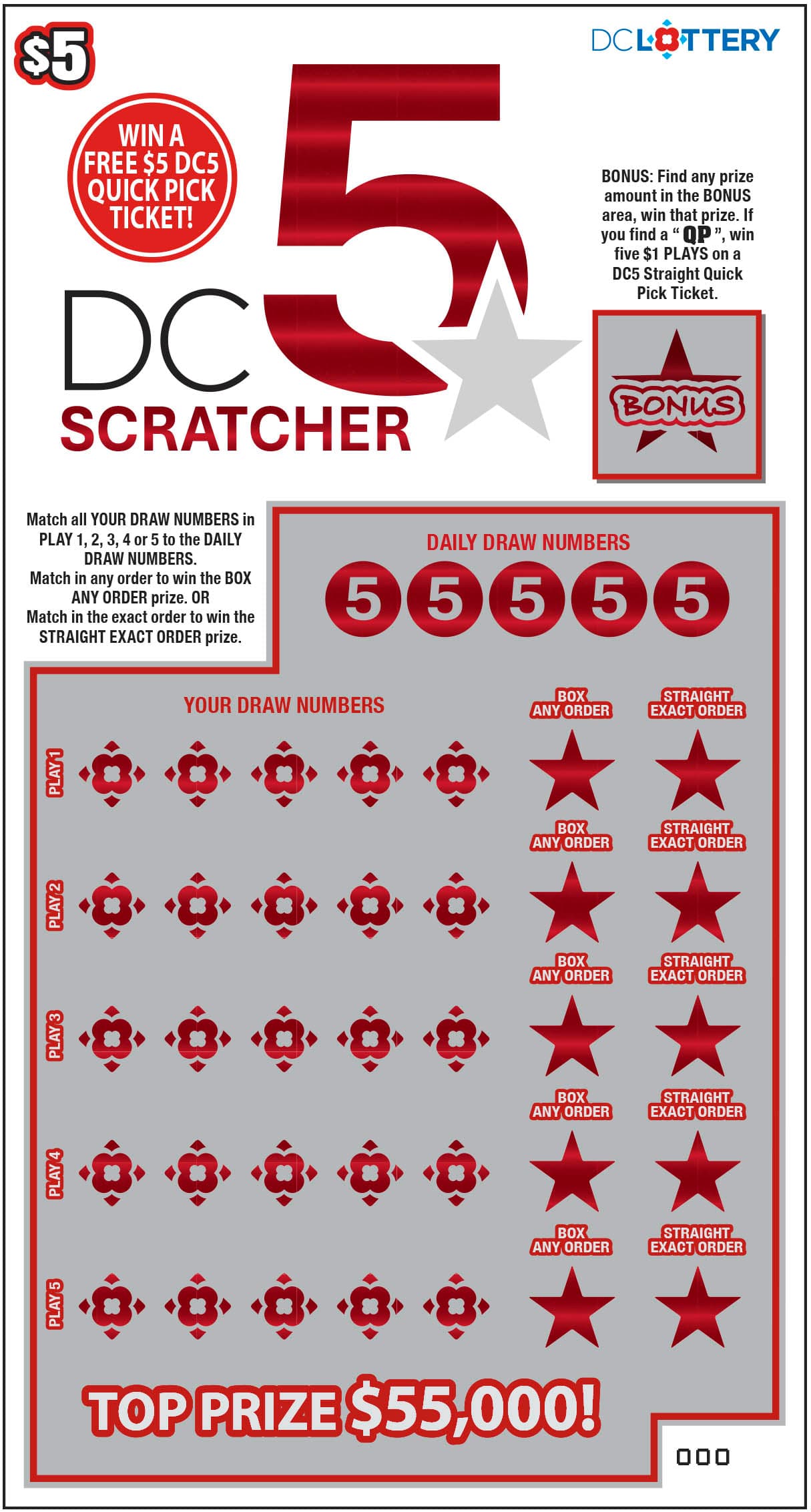 DC 5 Scratcher District of Columbia Lottery scratch-off ticket art