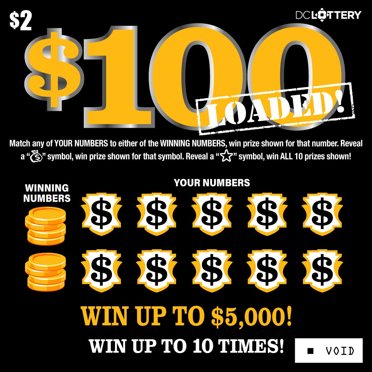 $100 Loaded! District of Columbia Lottery scratch-off ticket art