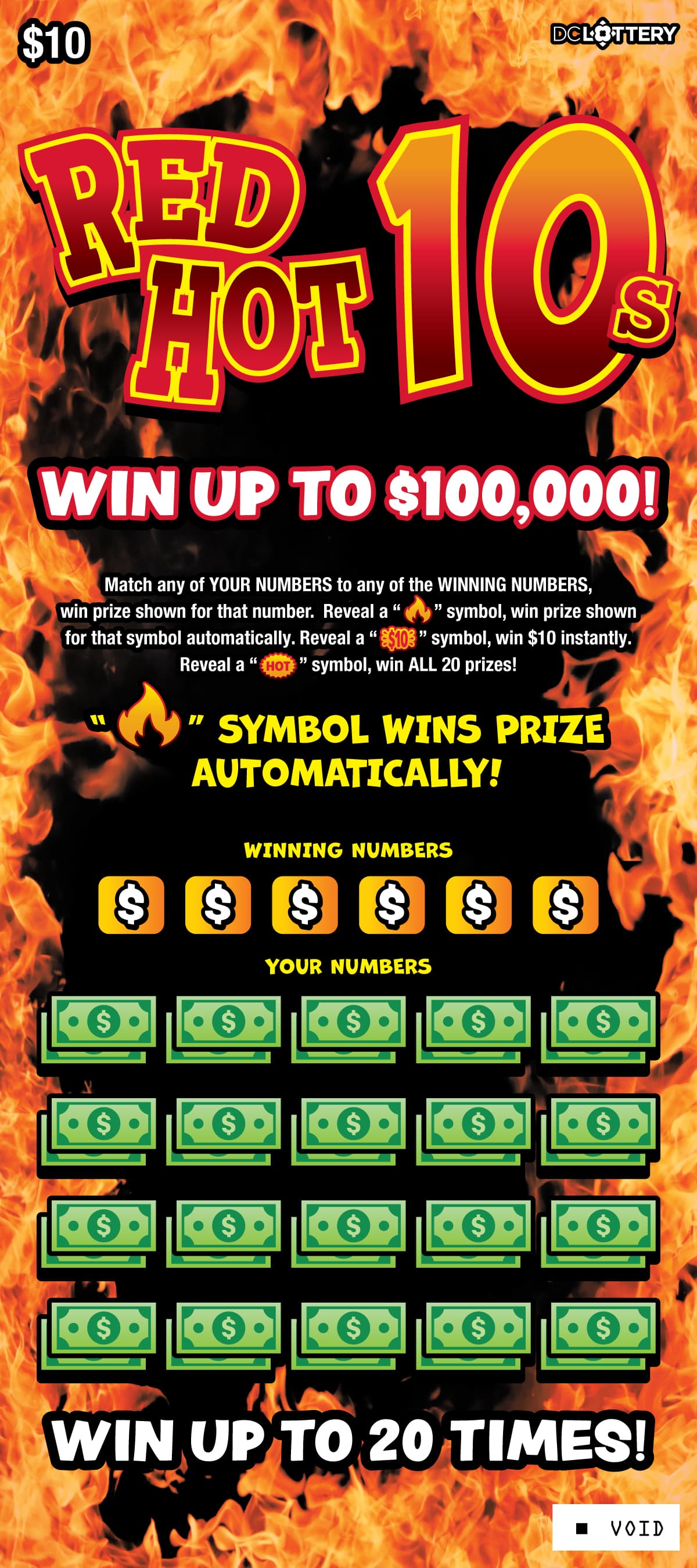 Red Hot 10s District of Columbia Lottery scratch-off ticket art