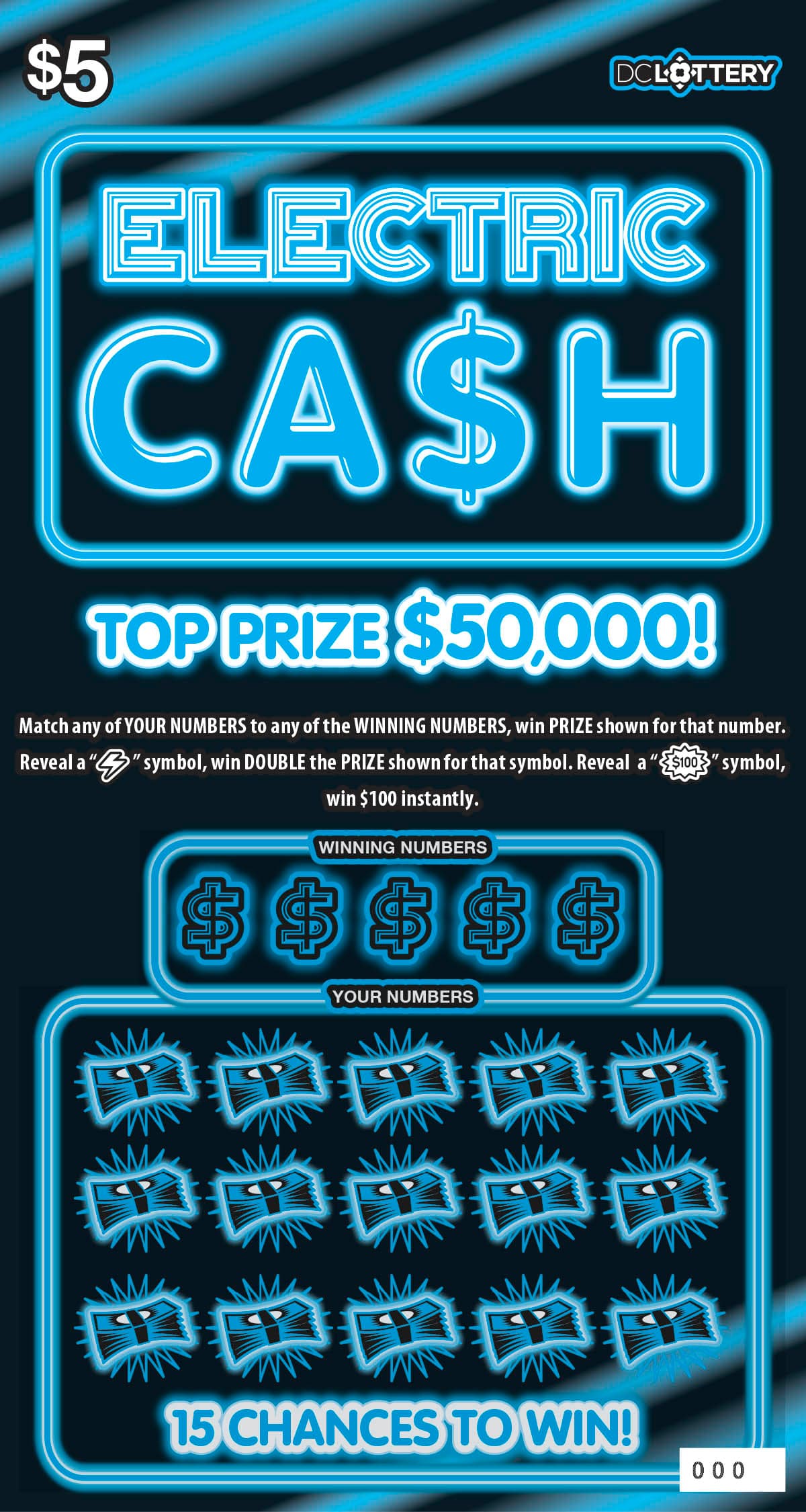 Electric Cash District of Columbia Lottery scratch-off ticket art