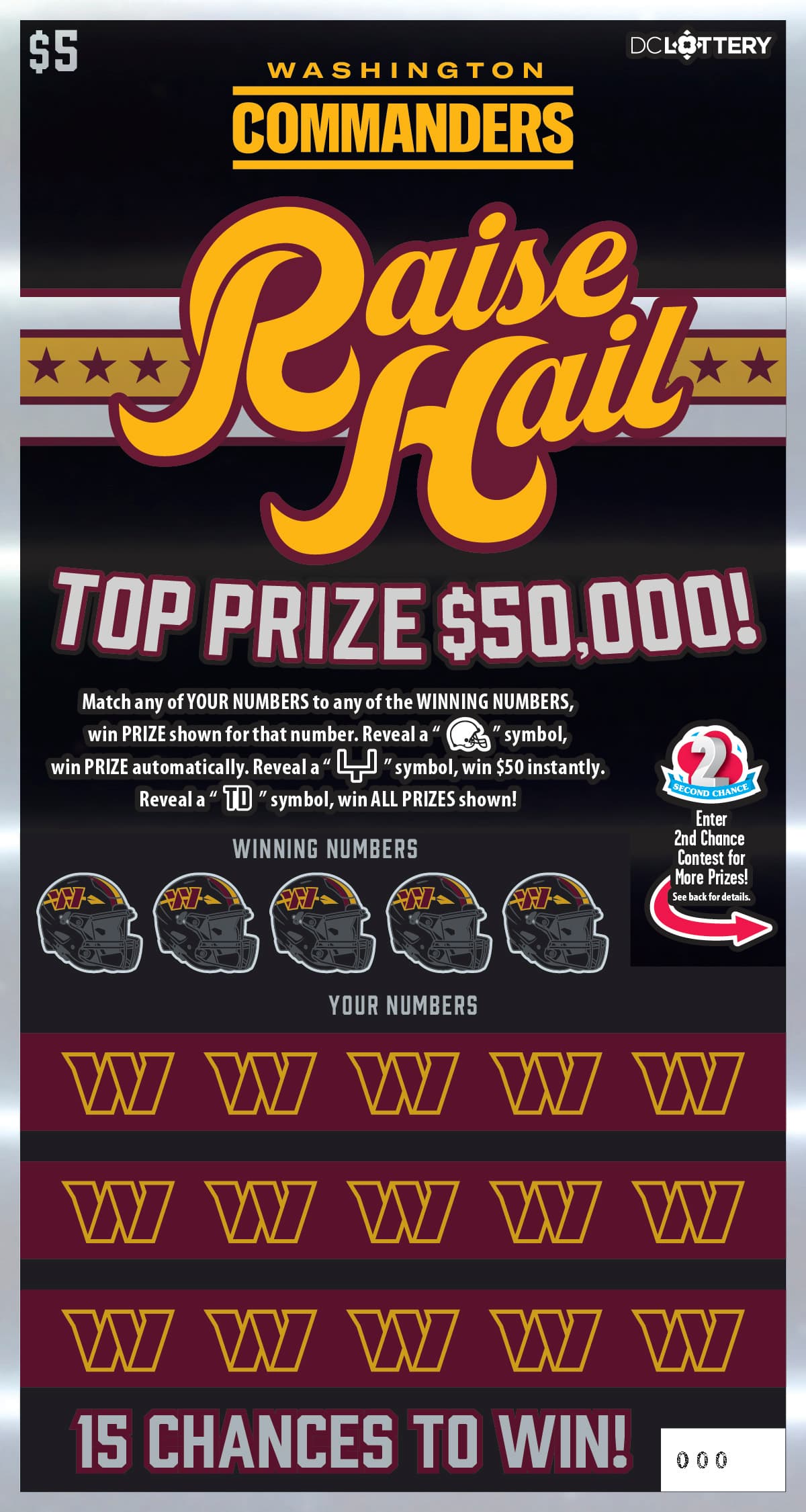 Washington Commanders Raise Hail District of Columbia Lottery scratch-off ticket art