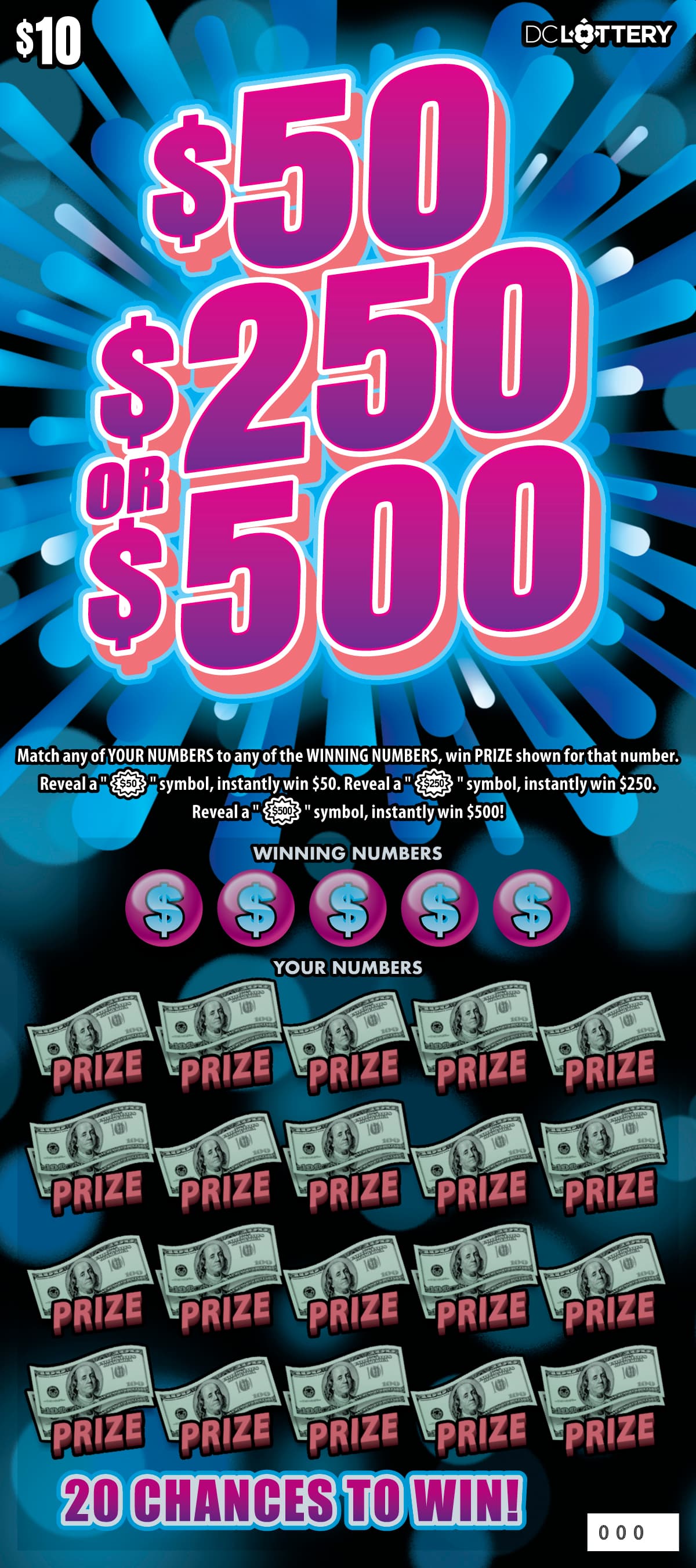 $50, $250 or $500 District of Columbia Lottery scratch-off ticket art