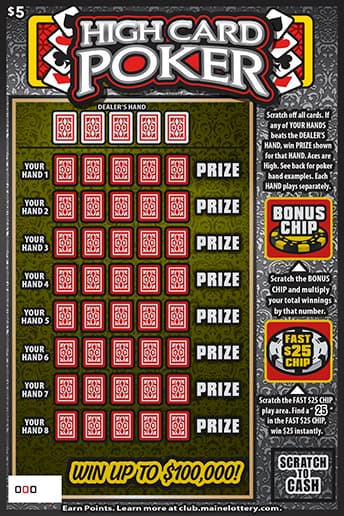 HIGH CARD POKER Maine Lottery scratch-off ticket