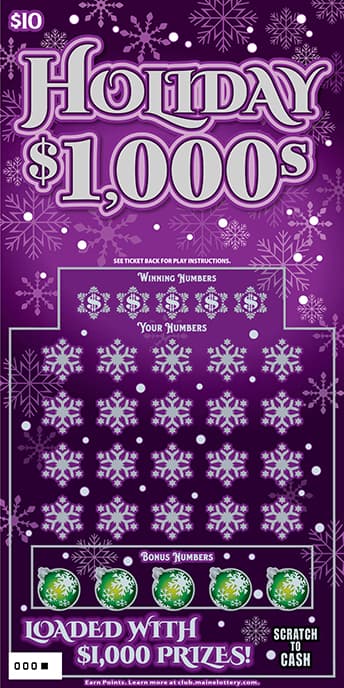 HOLIDAY $1,000S Maine Lottery scratch-off ticket