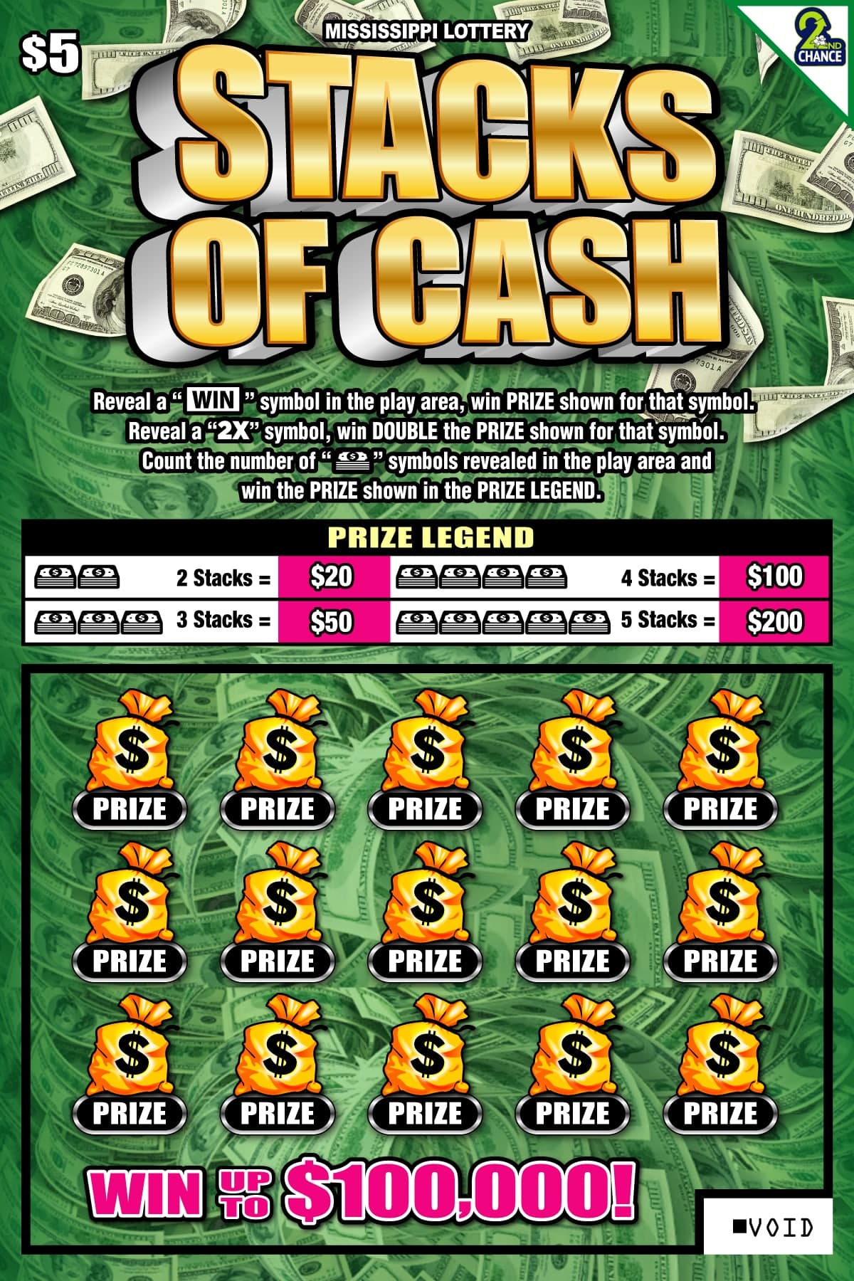 Stacks of Cash Mississippi Lottery scratch-off ticket art