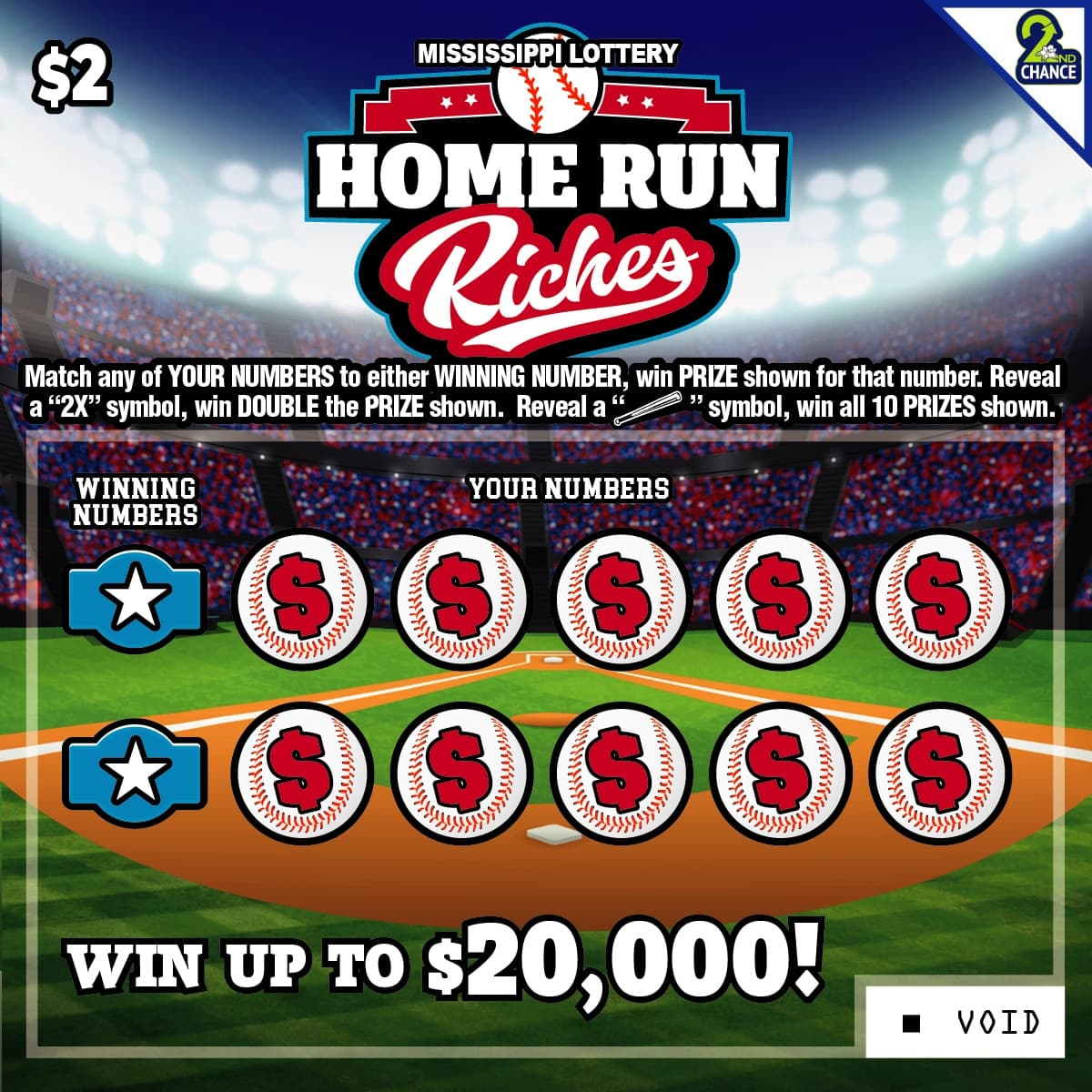 Home Run Riches Mississippi Lottery scratch-off ticket art