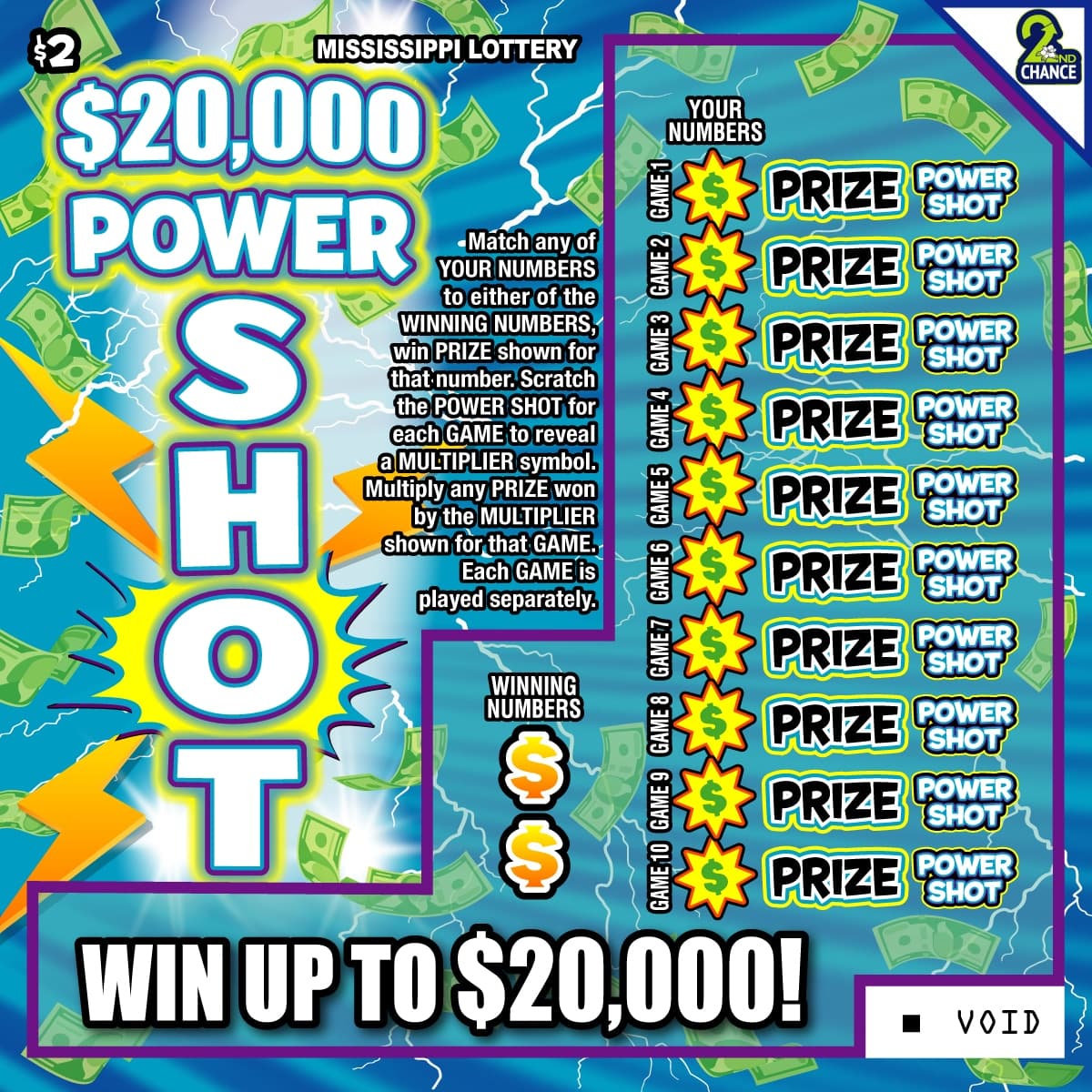 $20,000 Power Shot Mississippi Lottery scratch-off ticket art
