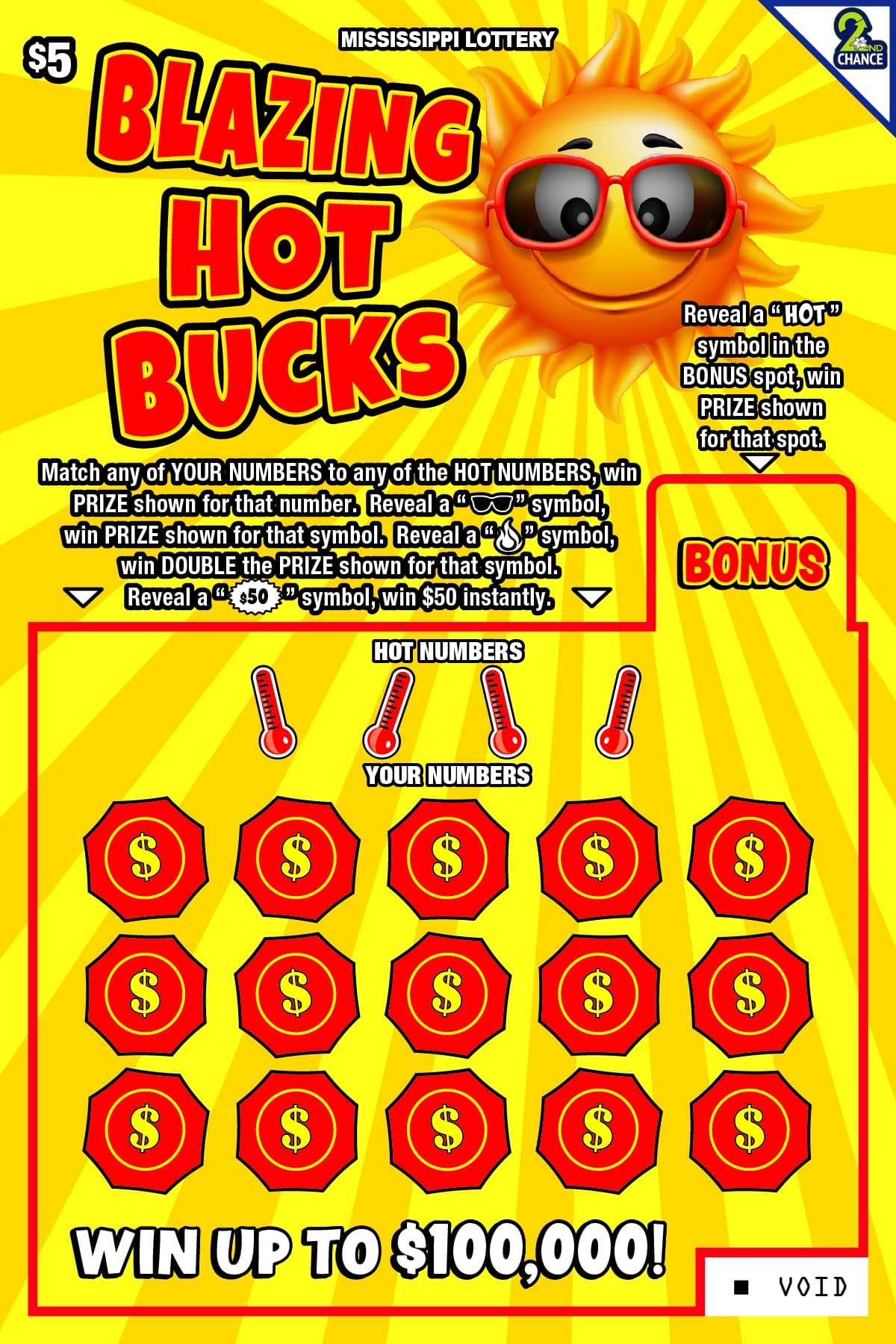 Blazing Hot Bucks Mississippi Lottery scratch-off ticket art