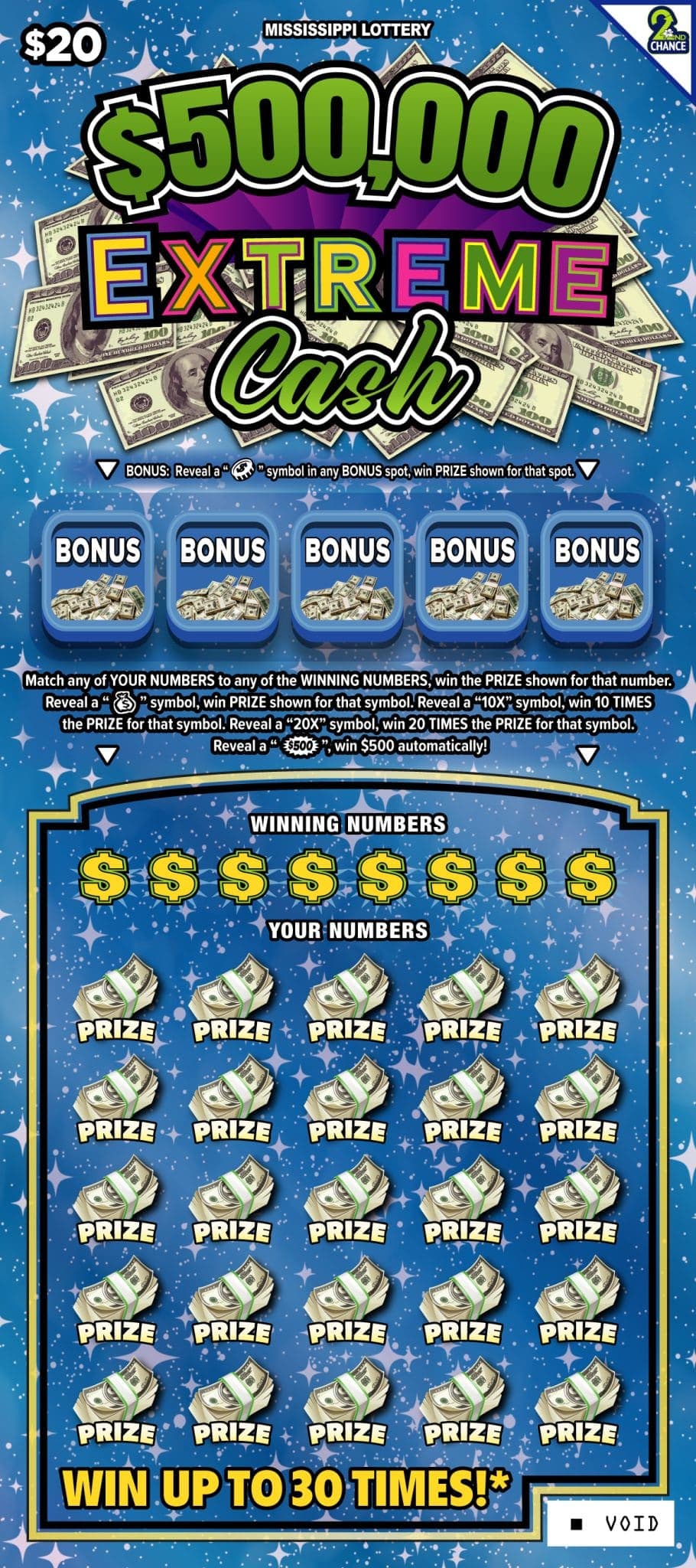 $500,000 Extreme Cash Mississippi Lottery scratch-off ticket art