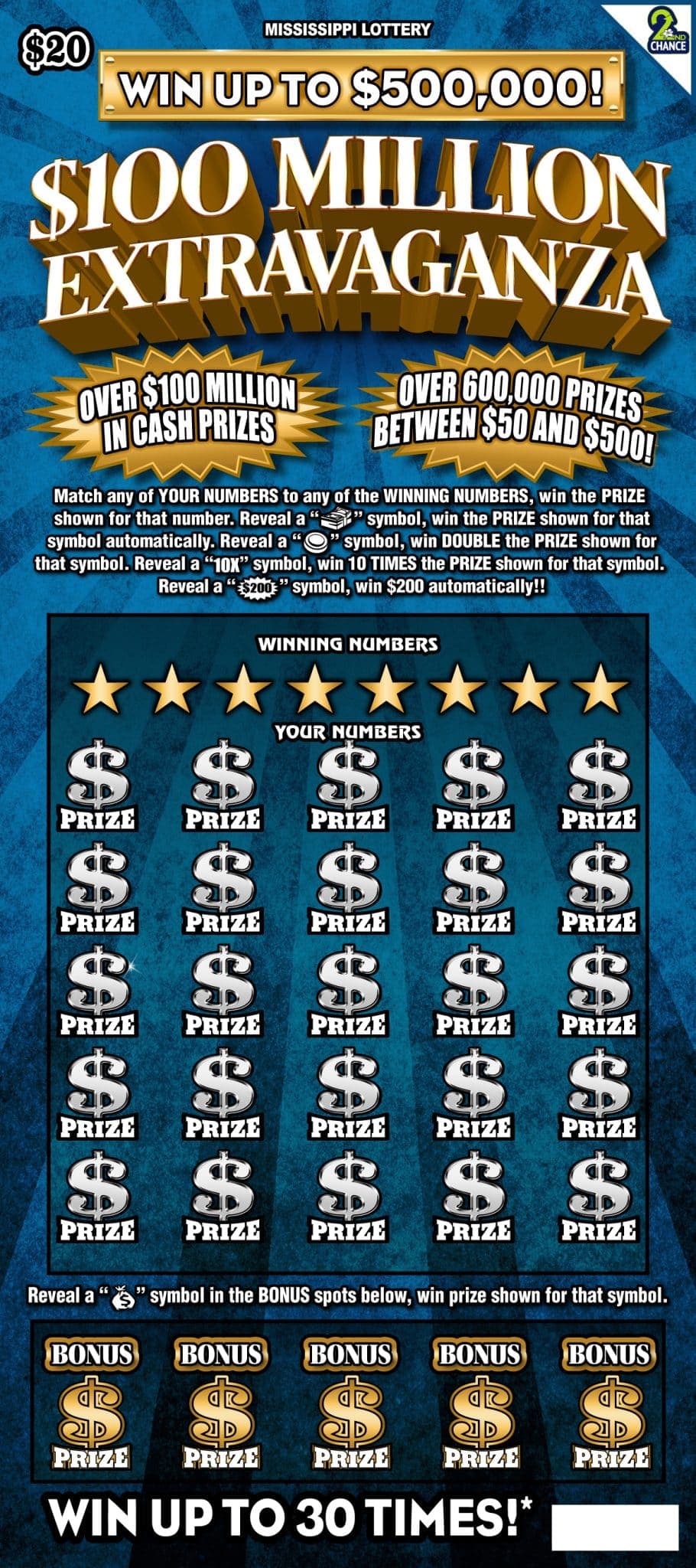 $100 Million Extravaganza Mississippi Lottery scratch-off ticket