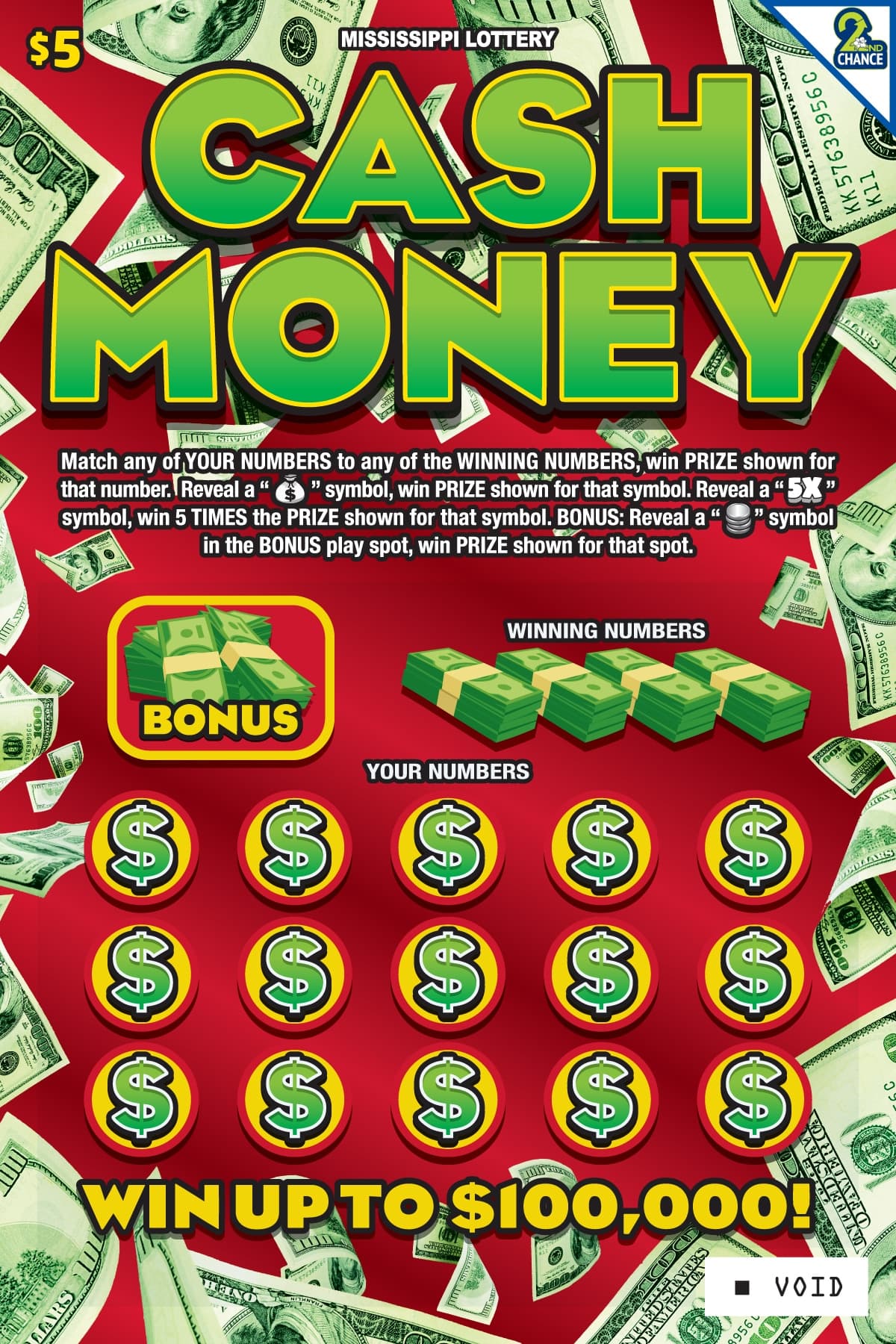 Cash Money Mississippi Lottery scratch-off ticket art