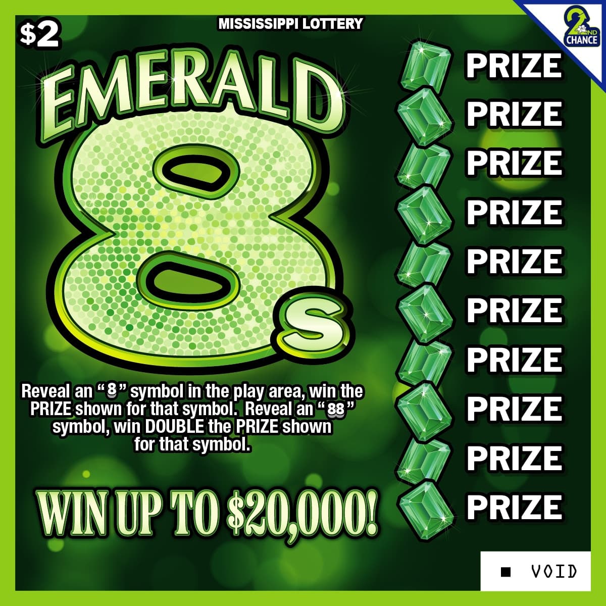 Emerald 8s Mississippi Lottery scratch-off ticket art