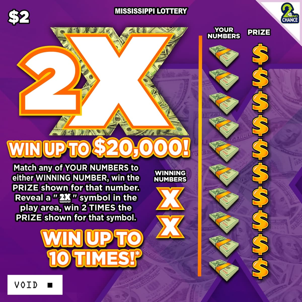 2X Mississippi Lottery scratch-off ticket