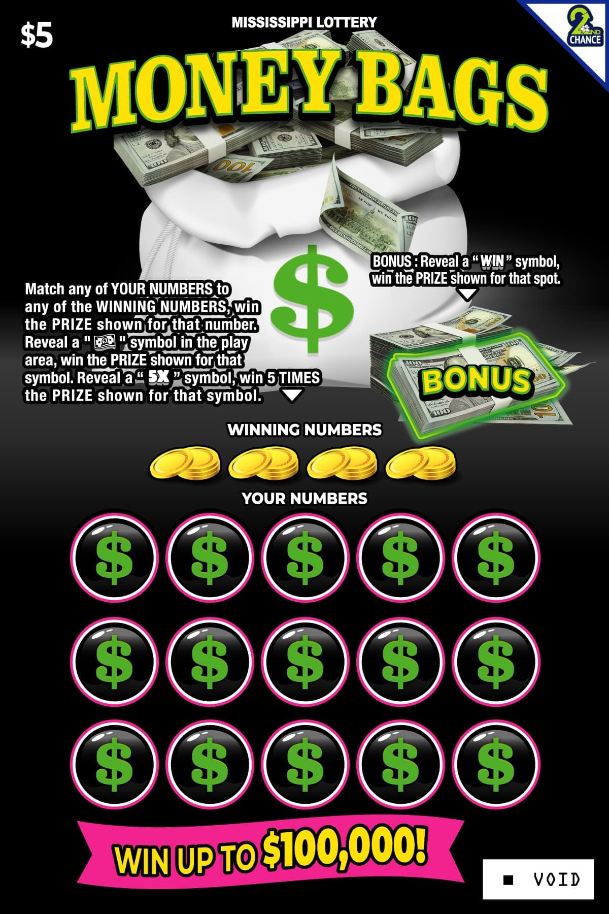 Money Bags Mississippi Lottery scratch-off ticket