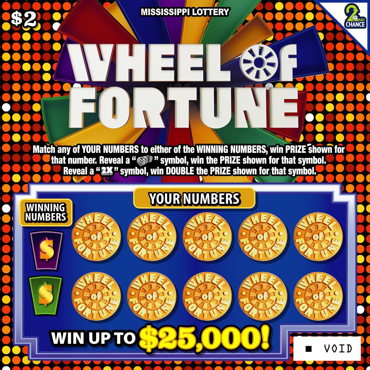 Wheel of Fortune ($2) Mississippi Lottery scratch-off ticket art