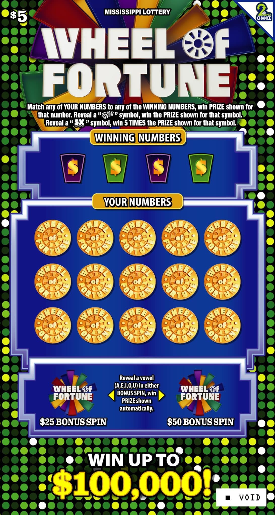 Wheel of Fortune ($5) Mississippi Lottery scratch-off ticket art
