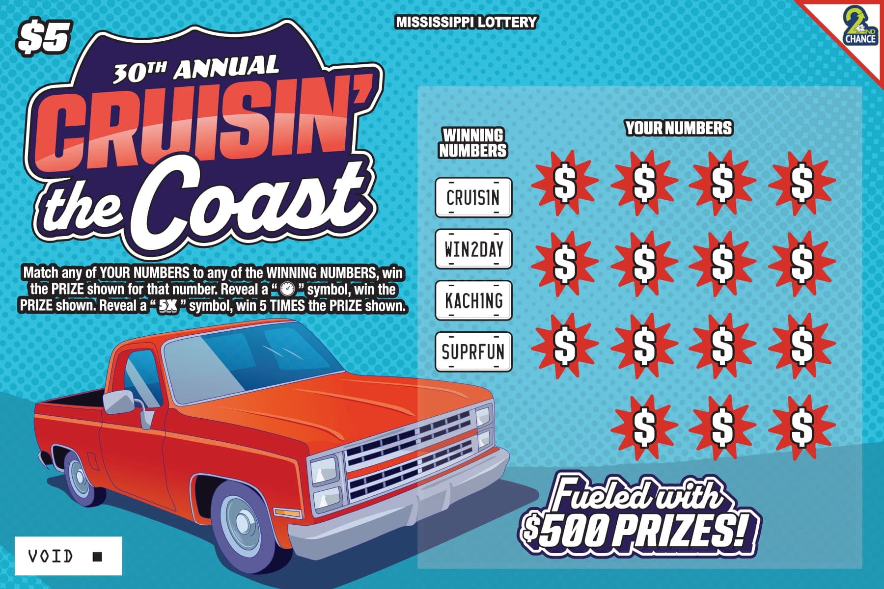 30th Annual Cruisin’ the Coast Mississippi Lottery scratch-off ticket art