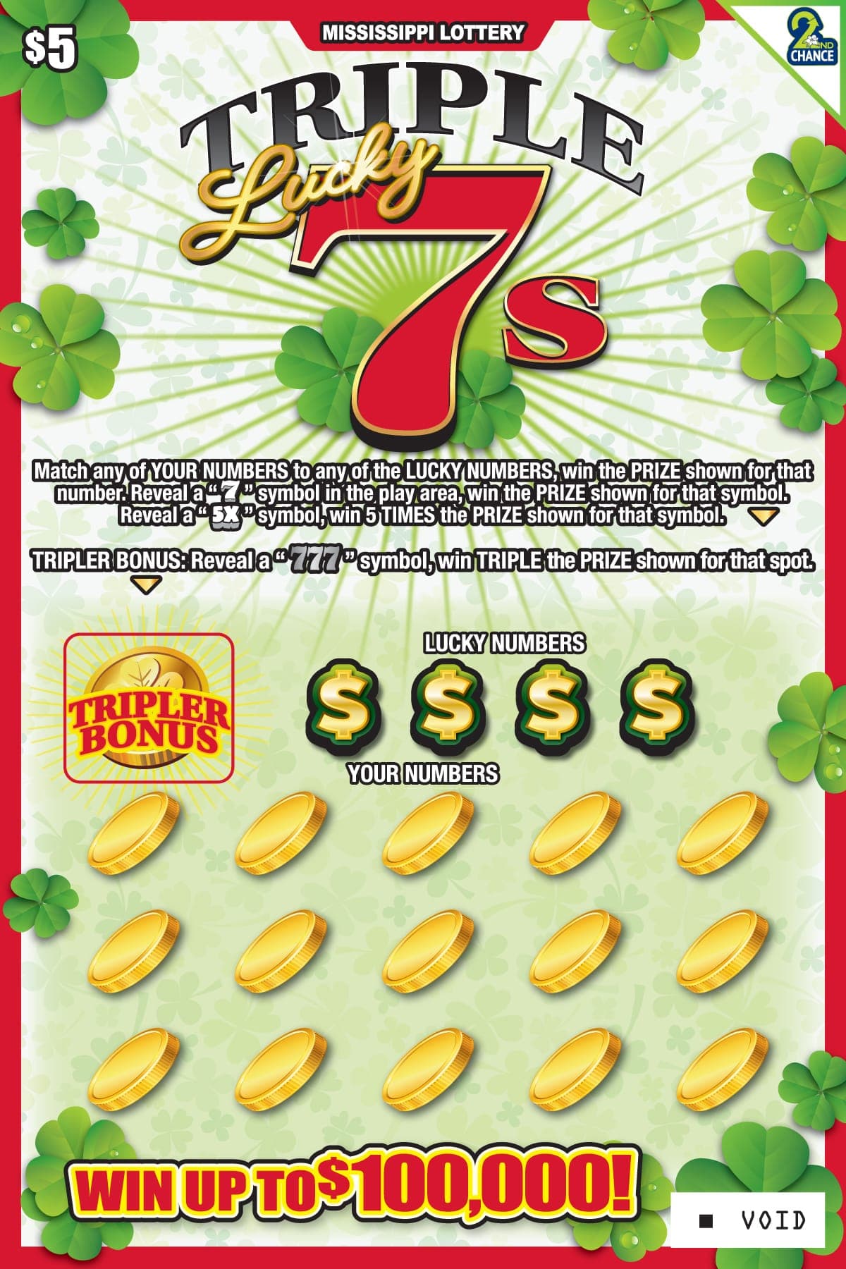 Triple Lucky 7s Mississippi Lottery scratch-off ticket art