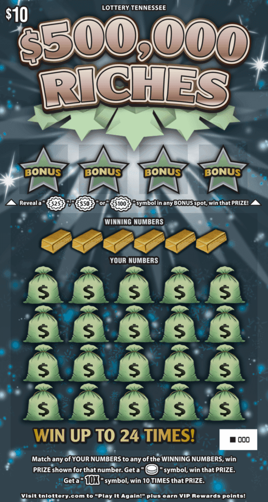 $500,000 Riches Tennessee Lottery scratch-off ticket