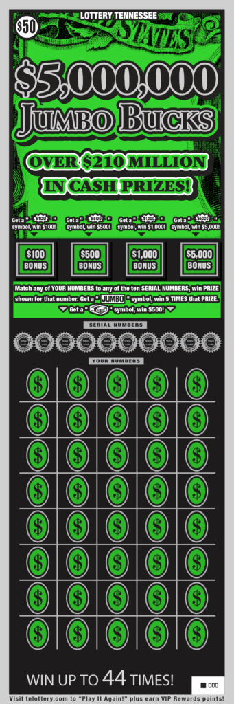 $5,000,000 Jumbo Bucks Tennessee Lottery scratch-off ticket