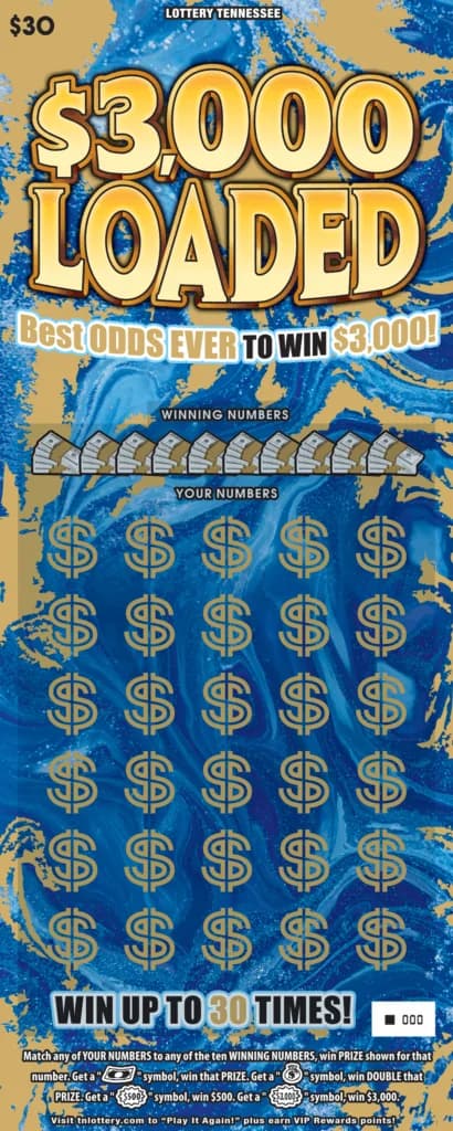 $3,000 Loaded Tennessee Lottery scratch-off ticket art