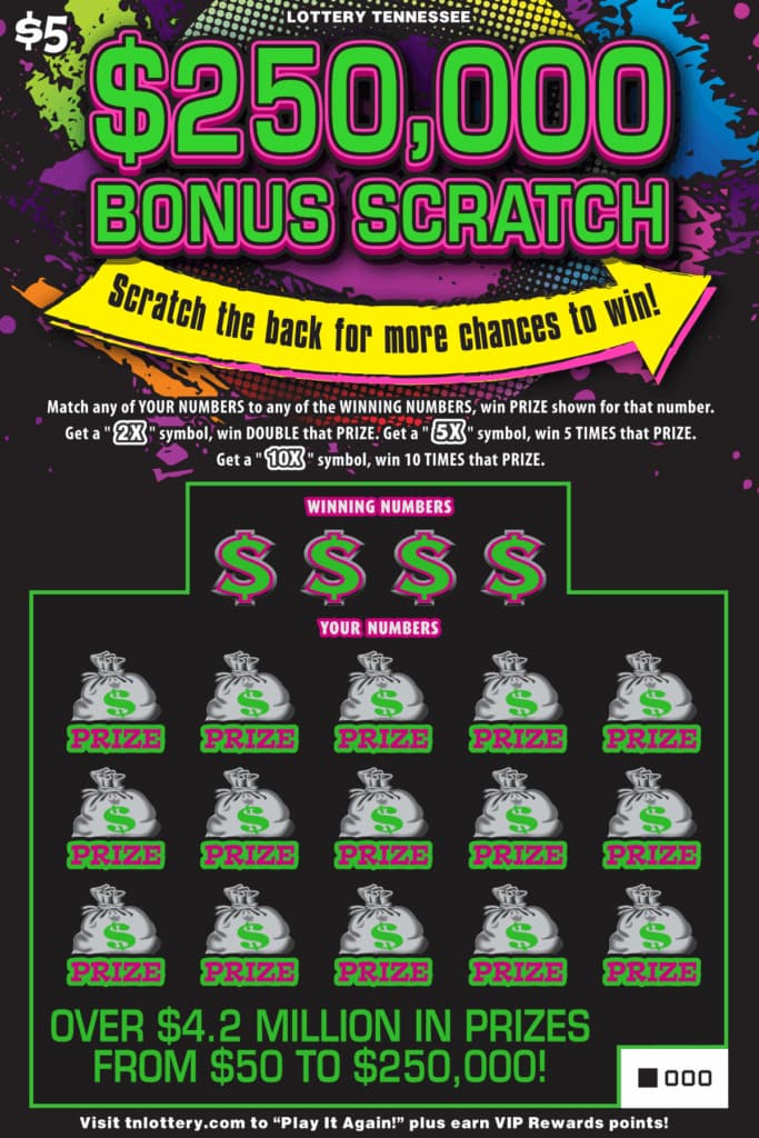 $250,000 Bonus Scratch Tennessee Lottery scratch-off ticket