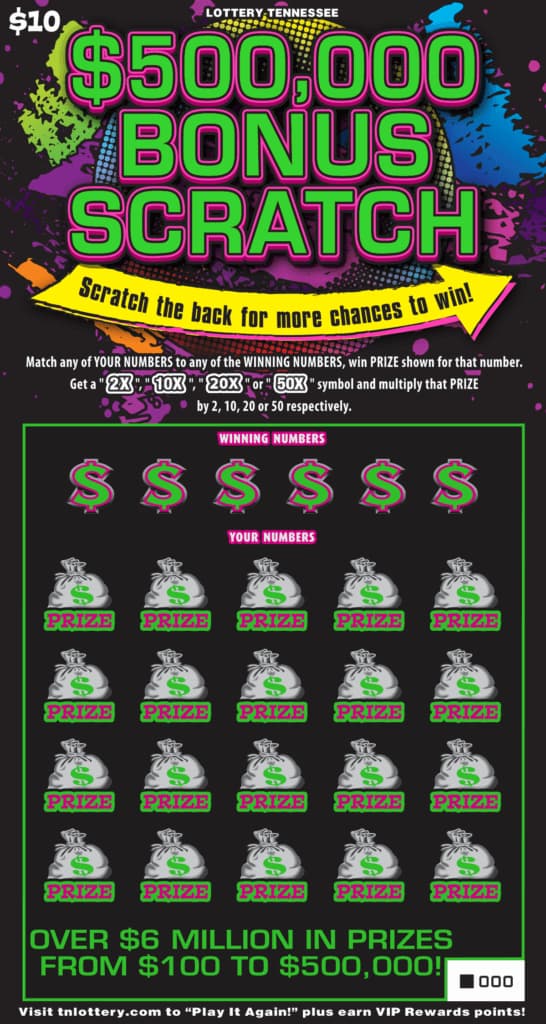 $500,000 Bonus Scratch Tennessee Lottery scratch-off ticket