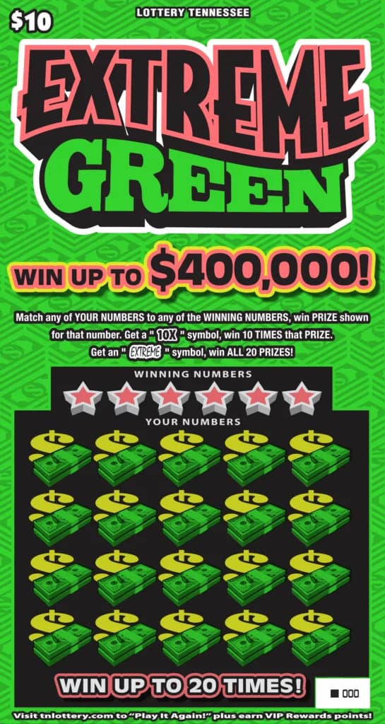 Extreme Green Tennessee Lottery scratch-off ticket art