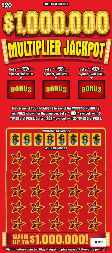 $1,000,000 Multiplier Jackpot Tennessee Lottery scratch-off ticket