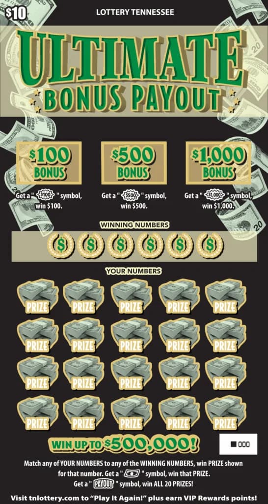 Ultimate Bonus Payout Tennessee Lottery scratch-off ticket art