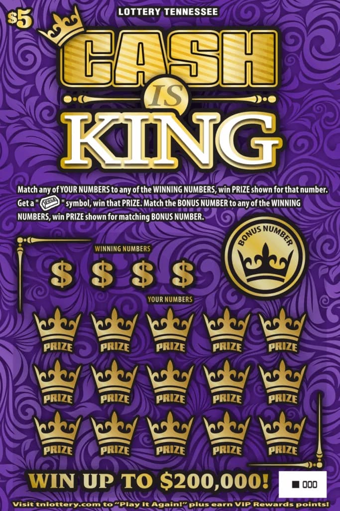 Cash Is King Tennessee Lottery scratch-off ticket art
