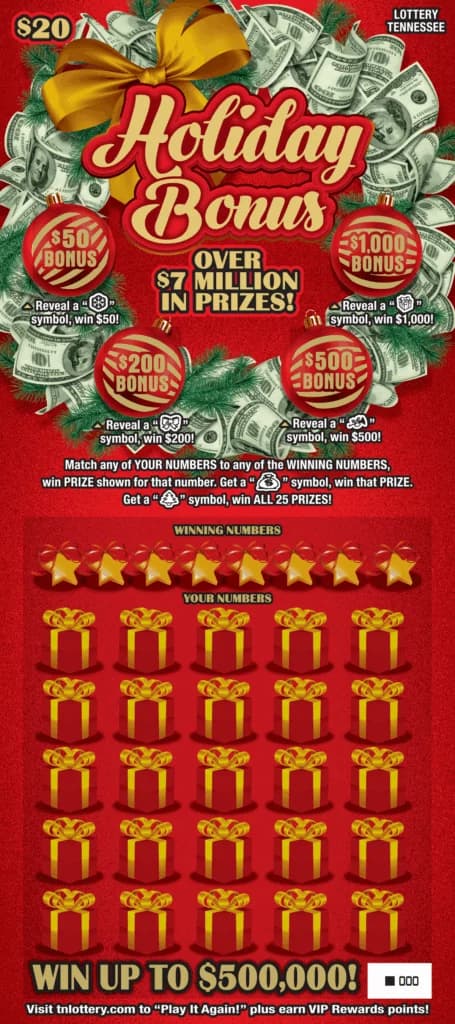 Holiday Bonus Tennessee Lottery scratch-off ticket art