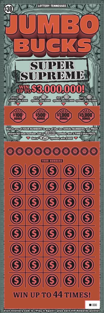 Jumbo Bucks Super Supreme Tennessee Lottery scratch-off ticket