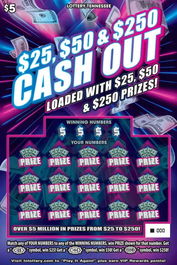 $25, $50 & $250 Cash Out Tennessee Lottery scratch-off ticket art