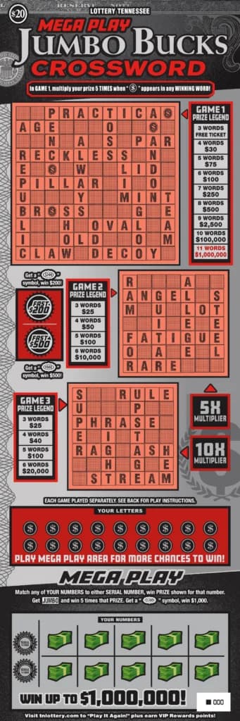 Mega Play Jumbo Bucks Crossword Tennessee Lottery scratch-off ticket