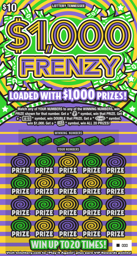$1,000 Frenzy Tennessee Lottery scratch-off ticket art