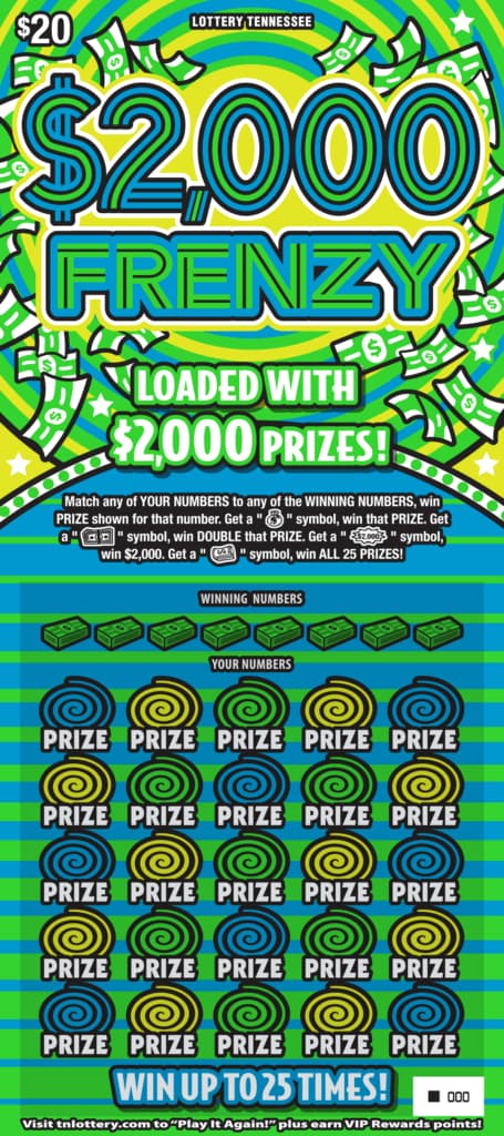 $2,000 Frenzy Tennessee Lottery scratch-off ticket art