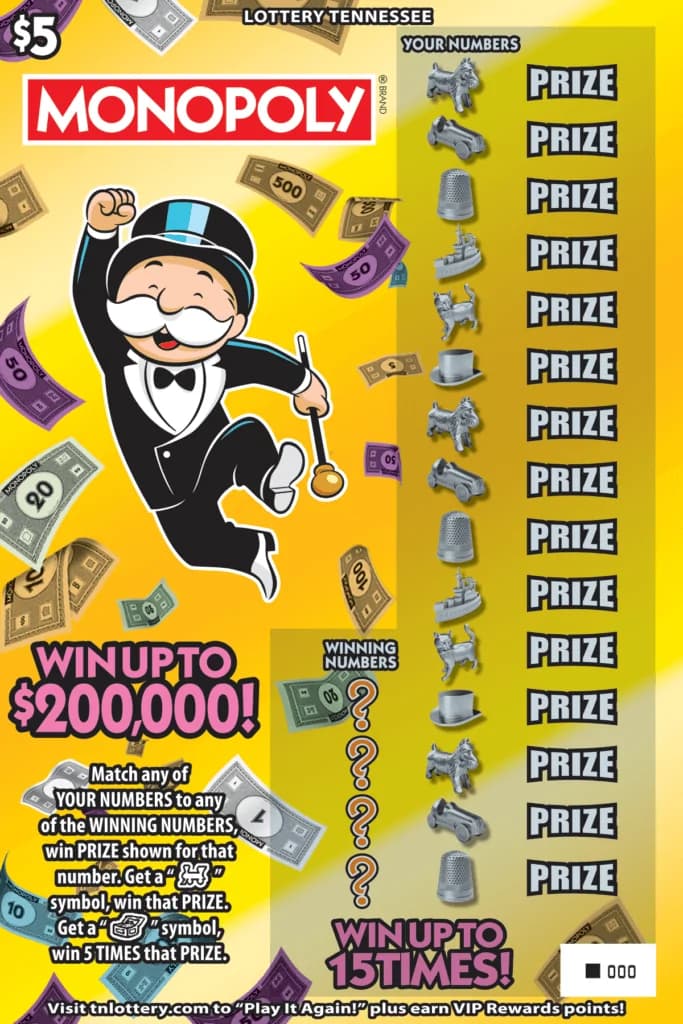 Monopoly® Tennessee Lottery scratch-off ticket