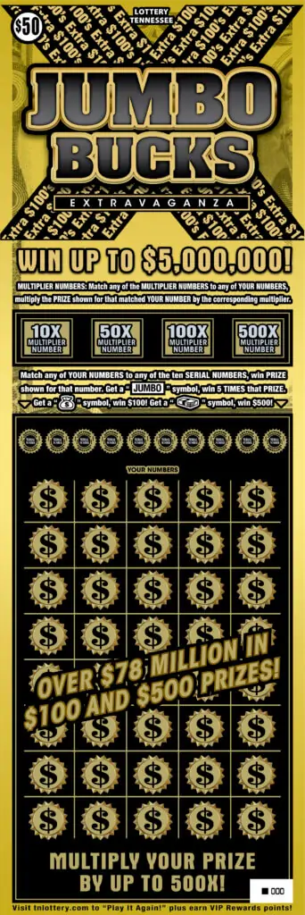 Jumbo Bucks Extravaganza Tennessee Lottery scratch-off ticket art