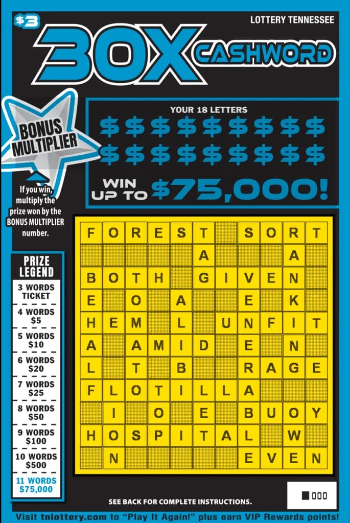 30X Cashword Tennessee Lottery scratch-off ticket art