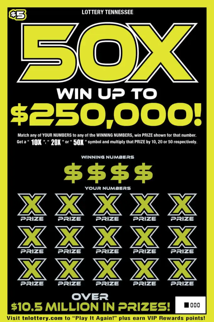 50X Tennessee Lottery scratch-off ticket