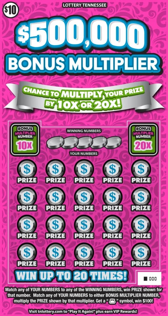 $500,000 Bonus Multiplier Tennessee Lottery scratch-off ticket