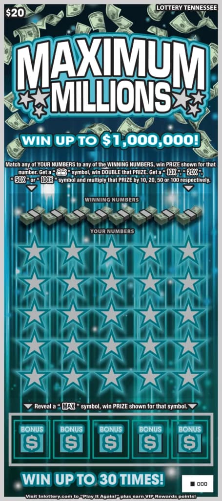 Maximum Millions Tennessee Lottery scratch-off ticket art