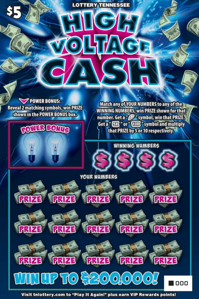 High Voltage Cash Tennessee Lottery scratch-off ticket art