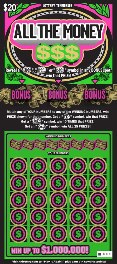 All The Money $$$ Tennessee Lottery scratch-off ticket art