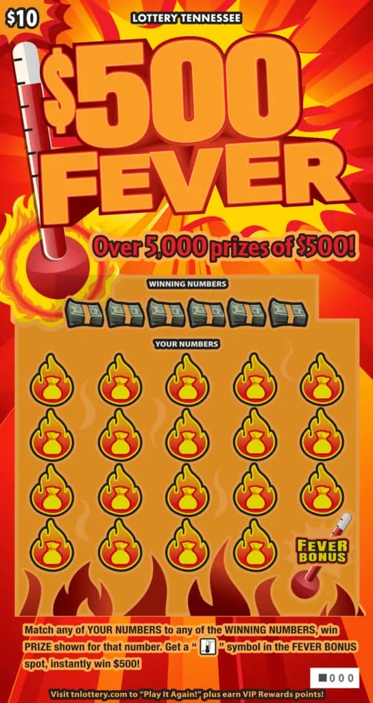 $500 Fever Tennessee Lottery scratch-off ticket art