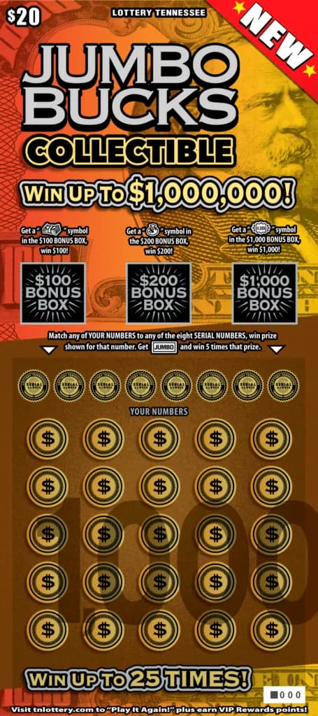 Jumbo Bucks Collectible Tennessee Lottery scratch-off ticket art
